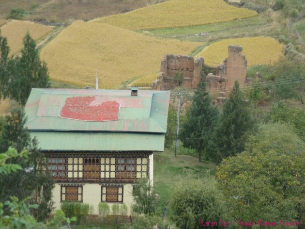Chili left to dry on roof of house in rural Bhutan