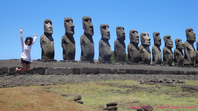 Karen Sze Single Woman jumping with Moai on Easter Island